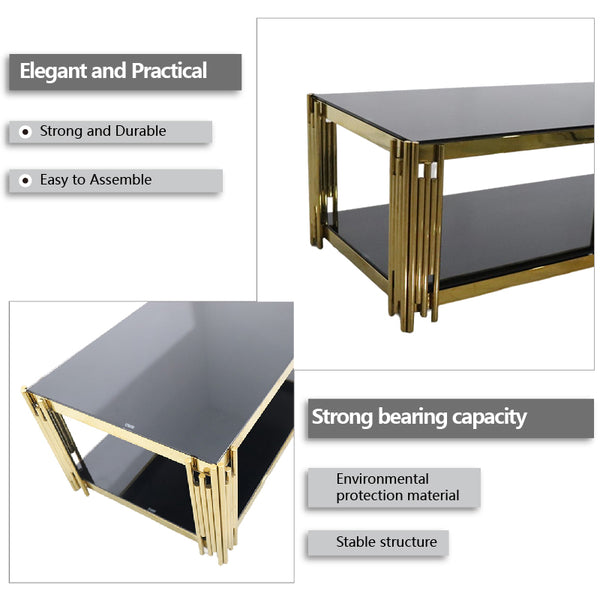 Gold Stainless Steel Coffee Table with sleek glass top, showcasing elegance and practicality for modern living spaces.