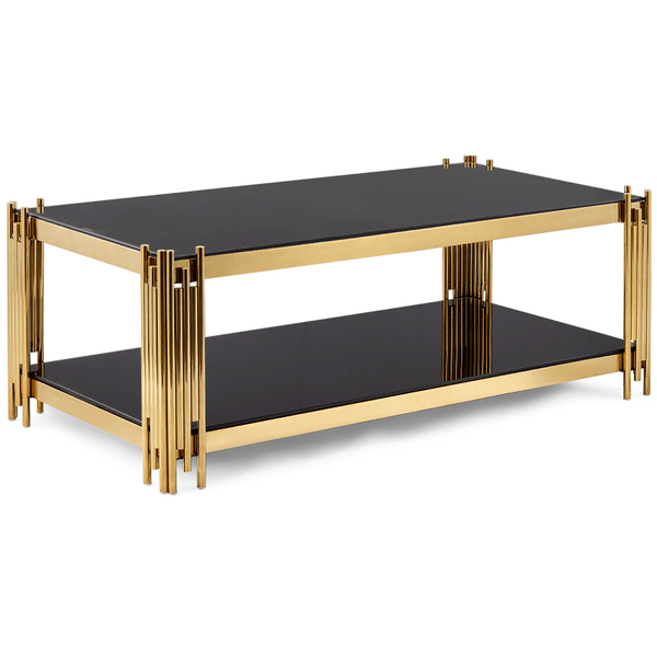 Gold Stainless Steel Coffee Table with black glass top and stylish design, perfect for modern living spaces.