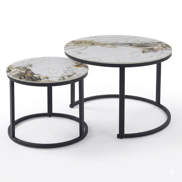 Round Marble Effect Nesting Coffee Tables showcasing stylish design and modern elegance in a living room setting.