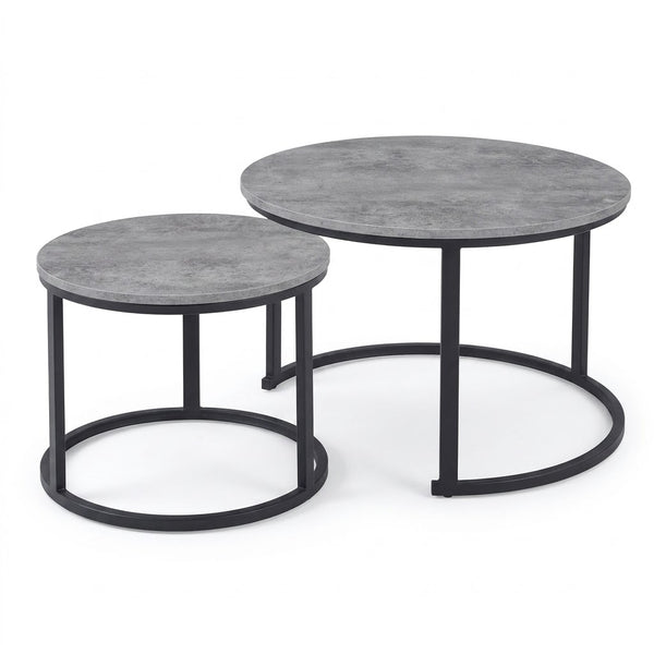 Round Marble Effect Nesting Coffee Tables in modern design with gray tops and black metal bases.