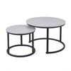 Round Marble Effect Nesting Coffee Tables featuring sleek gray tops and black metal bases, perfect for modern living rooms.