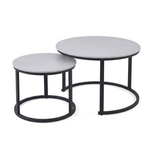 Round Marble Effect Nesting Coffee Tables featuring sleek gray tops and black metal bases, perfect for modern living rooms.
