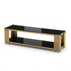 Gold Frame TV Stand with Black Glass Shelves featuring black glass tiers and a luxurious gold frame design.