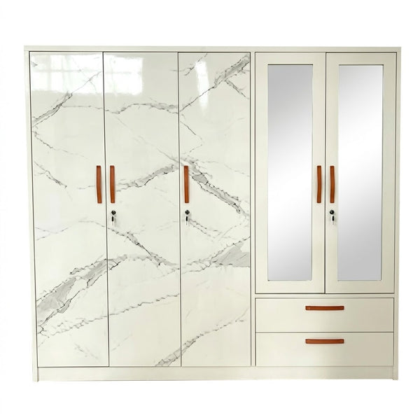 5 Door Marble Finish Wardrobe with Mirrors