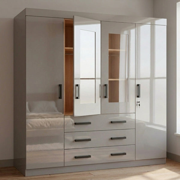 4-Door High Gloss Wardrobe with Drawers and Mirror Panels showcasing modern design and ample storage.