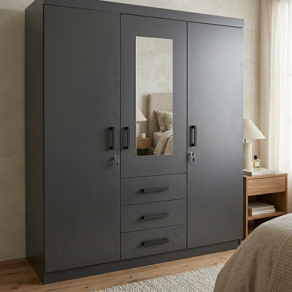 3-Door Mirrored Wardrobe with Drawers in Matte Black, modern bedroom storage with bold design.