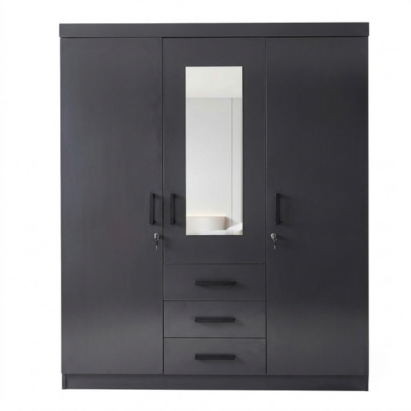 3-Door Mirrored Wardrobe with Drawers in Matte Black featuring a full-length center mirror and sleek design.