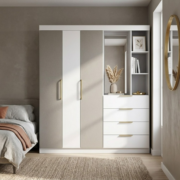 3-Door Wardrobe with Drawers and Open Shelving in modern bedroom setting with stylish decor