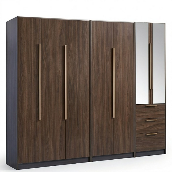 4 Door Wardrobe with Mirror and Drawers featuring wooden finish and sleek design, perfect for bedroom organization.