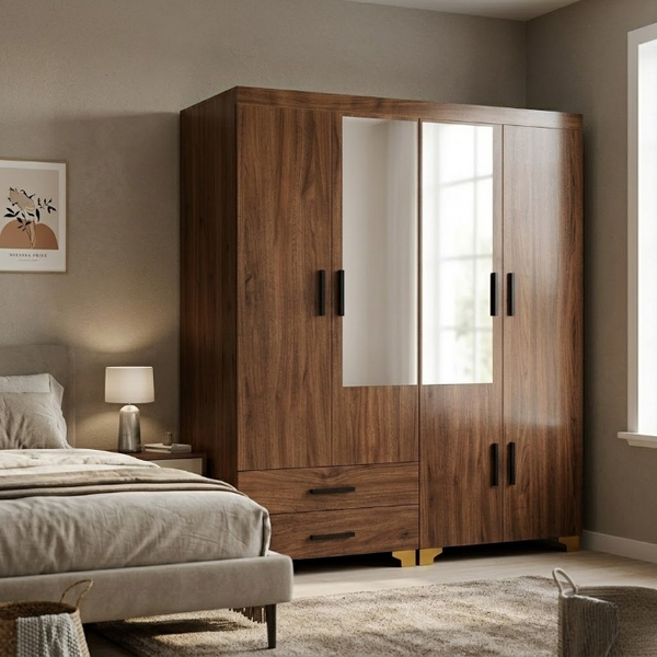 Wooden 4 Door Wardrobe with Mirrors and Drawers in modern bedroom setting with lamps and bed.