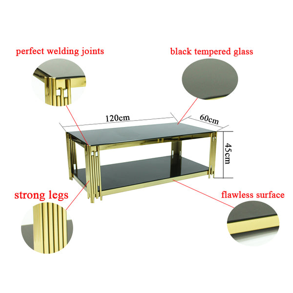 Designer Coffee Table with black tempered glass, strong legs, and perfect welding joints, measuring 120cm x 60cm x 45cm.