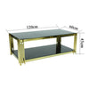 Designer Coffee Table with gold accents and black glass top, measuring 120cm x 60cm x 45cm.