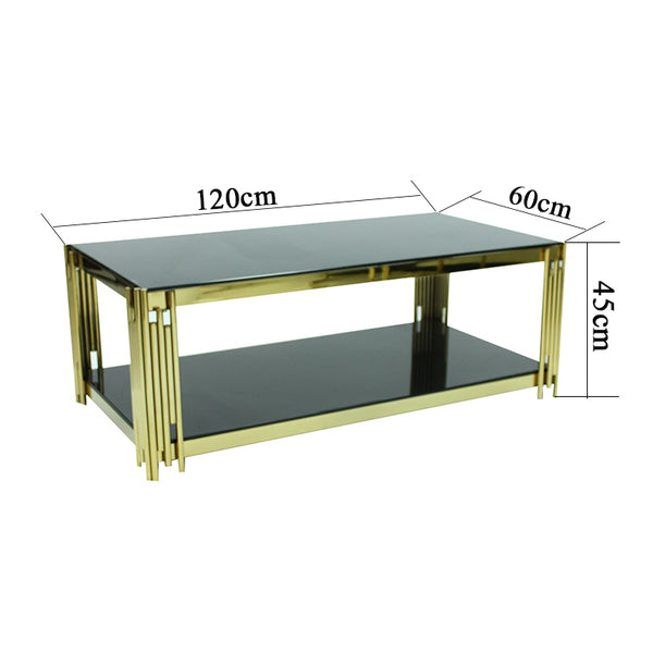 Designer Coffee Table with gold accents and black glass top, measuring 120cm x 60cm x 45cm.