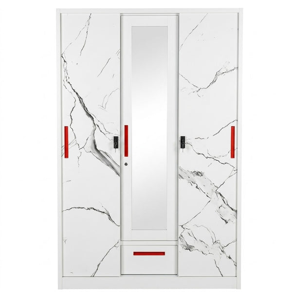3 Sliding Door Wardrobe with Mirror and Decorative Panels featuring a stylish marble design and red accents.