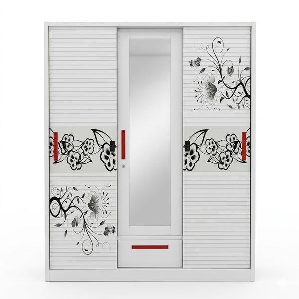 3 Sliding Door Wardrobe with Mirror and Decorative Panels featuring floral designs and modern sliding doors.