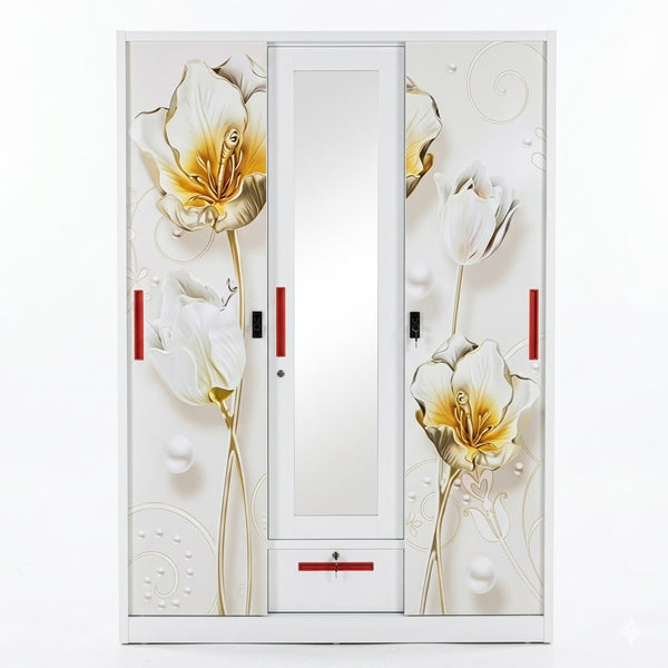 3 Sliding Door Wardrobe with Mirror and Decorative Panels featuring floral design and a central mirror