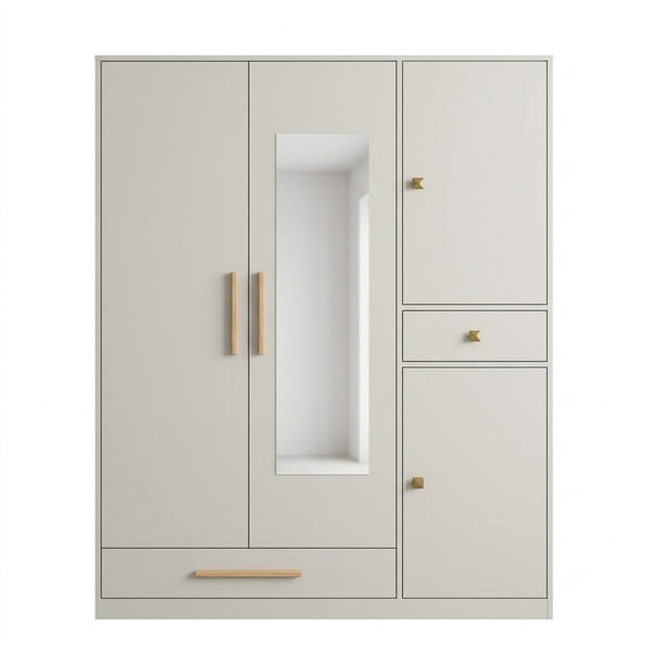 Wardrobe with Mirror Drawer and Side Cabinet in Cream, featuring a sleek design and stylish gold hardware.