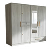 4-Door Wood Grain Wardrobe with Mirror and Gold Handles showcasing a light wood grain finish and contemporary design.