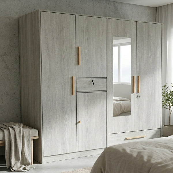 4-Door Wood Grain Wardrobe with Mirror and Gold Handles in a modern bedroom setting.