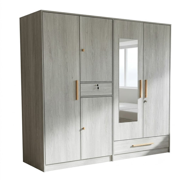 4-Door Wood Grain Wardrobe with Mirror and Gold Handles showcasing a light wood grain finish and contemporary design.