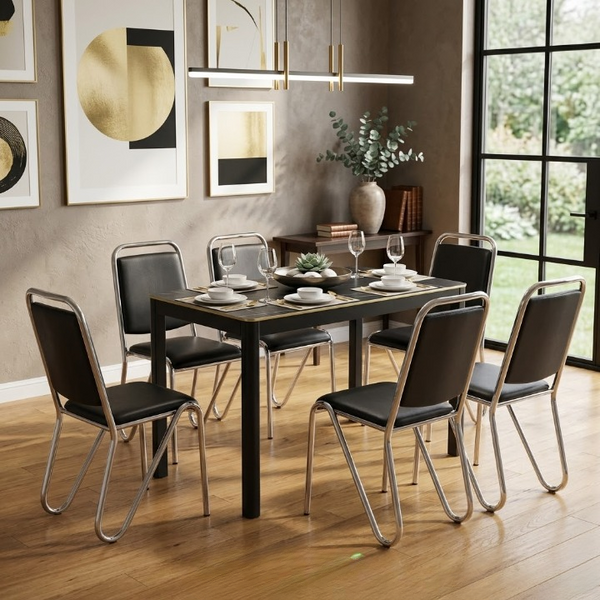 Black and Chrome 6 Seater Dining Table and Chair Set in modern dining room with elegant decor.