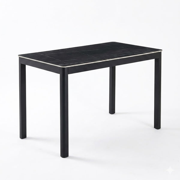 Black and Chrome 6 Seater Dining Table and Chair Set featuring a sleek black tabletop with polished chrome trim.