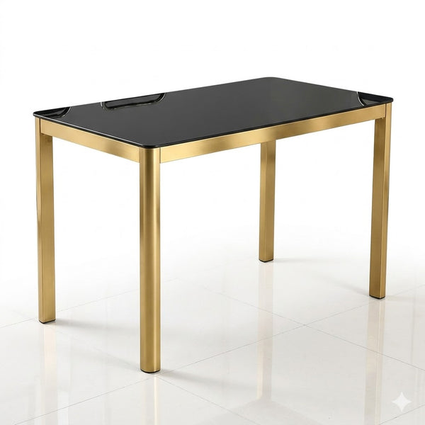 Black and Chrome 6 Seater Dining Table and Chair Set with a sleek black top and polished chrome legs.