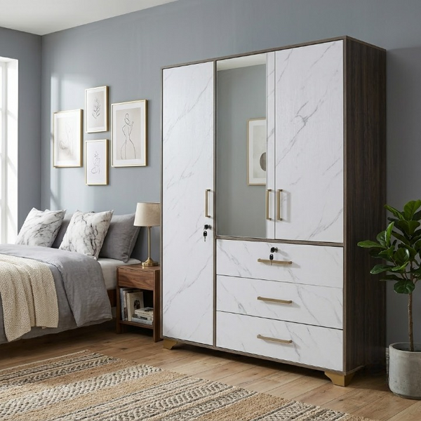 3 Door Wardrobe with Mirror and Drawers in Marble Effect in styled bedroom with light colors and decorative elements.