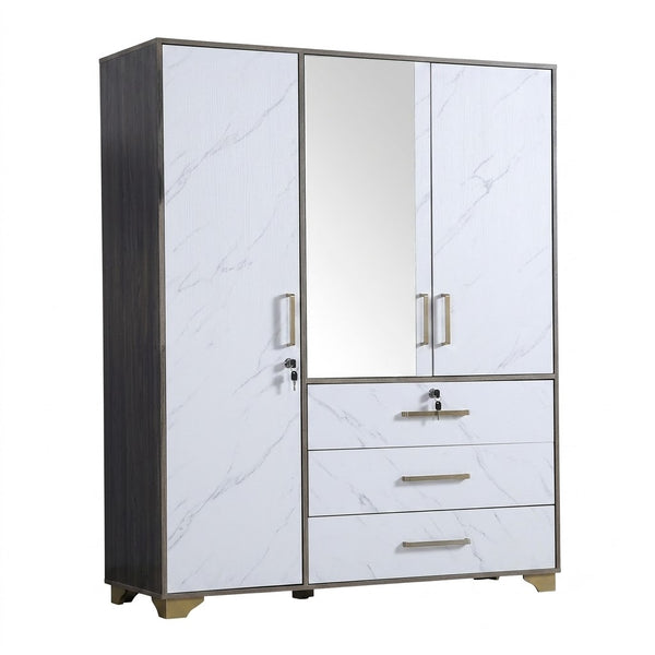 3 Door Wardrobe with Mirror and Drawers in Marble Effect showcasing modern design and stylish storage.