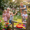 A family enjoying the Bubble Wand and Tray Set, playing with bubbles in a colorful garden setting.