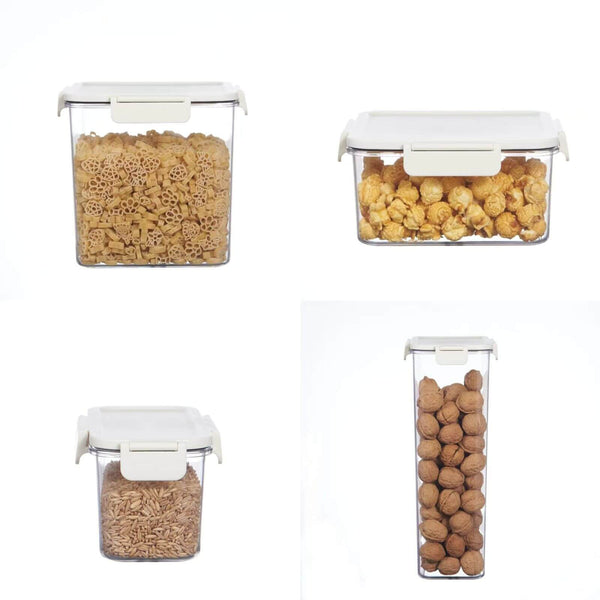3 Pcs Storage Canister set displaying pasta, popcorn, grains, and nuts in airtight containers.