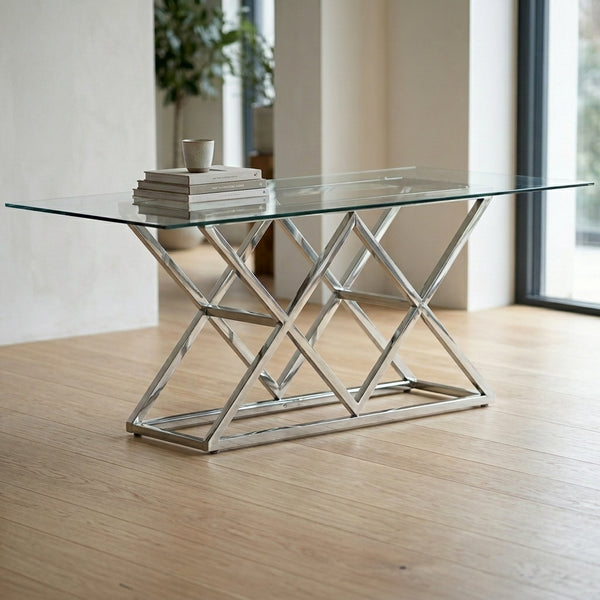 Modern Geometric Chrome Glass Dining Table