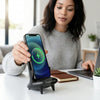 Desktop Magnetic Wireless Charging Bracket in use, featuring a smartphone being charged wirelessly on a desk.