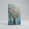 Vertical Golden Tree Canvas Wall Art featuring shimmering gold leaves against a blue background, perfect for modern decor.