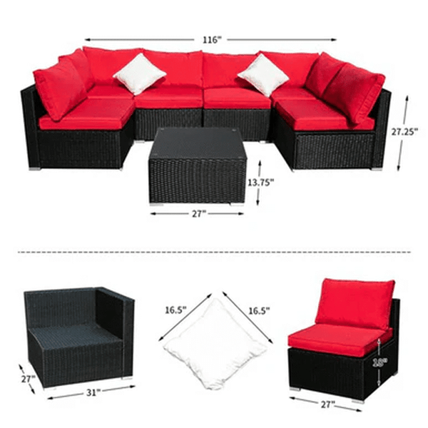 7 Seat Red Corner Patio Lounge Set with modular layout and bold red cushions for outdoor relaxation.