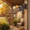 Dual-Lens PTZ Outdoor Security Camera mounted on a porch, providing surveillance and monitoring.