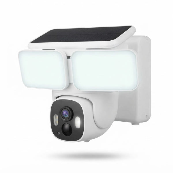 Solar Wall Light PTZ Camera with integrated solar panel and adjustable LED lights for outdoor security.