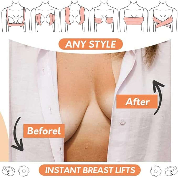 Boob Tape Strap 5M before and after demonstration of instant breast lifts for any style.