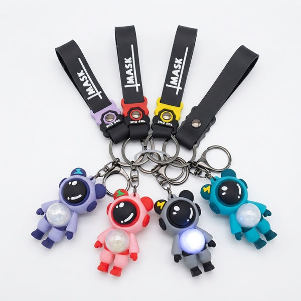 Colorful Astronaut Bear LED Keychain with Wrist Strap collection featuring illuminated designs in multiple colors.
