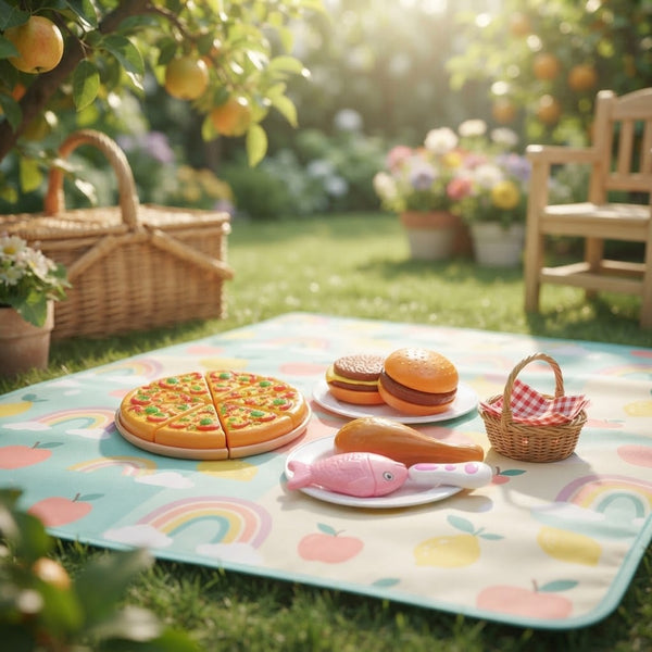 Colorful Plastic Pretend Food Play Set displayed on a picnic blanket in a garden, featuring pizza, hamburgers, and a picnic basket.