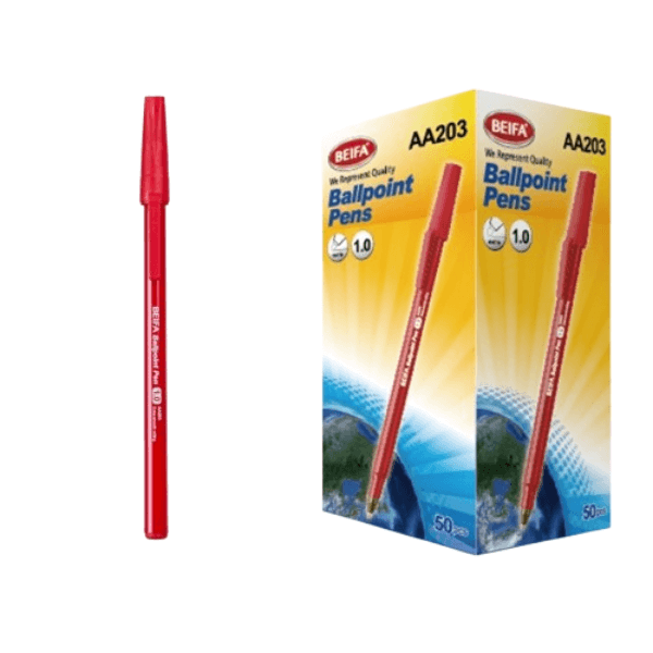 50 pcs Retractable Red Ballpoint Pen with 1.0mm Tip packaging and pen displayed on a white background.