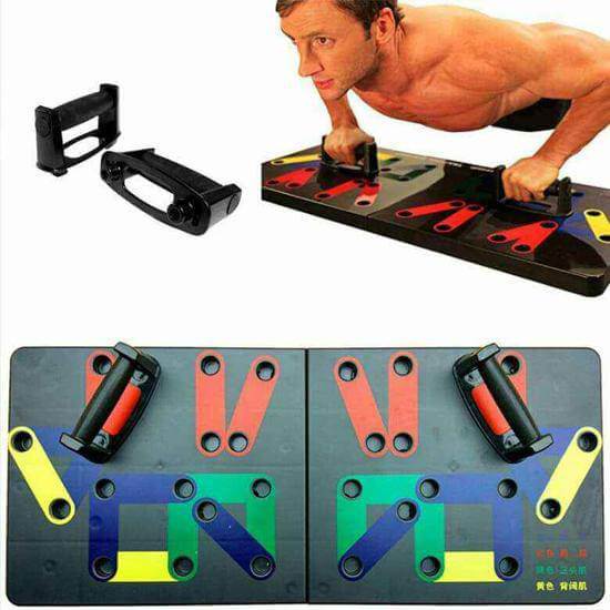 Man using Complete Push Up Training System with exercise handles for effective workout.