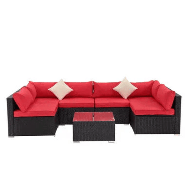 7 Seat Red Corner Patio Lounge Set with modular design and bold red cushions, perfect for outdoor relaxation.
