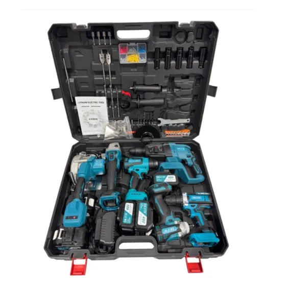 6-piece power tools set cordless brushless drills in a black carrying case with various tools and accessories.