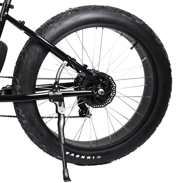 Close-up of the rear wheel of a 26-Inch Fat Tyre Electric Bike, showcasing the fat tyre and disc brake.