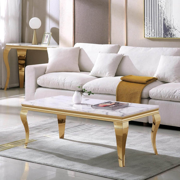 Sleek Modern Coffee Table with marble top and gold legs, enhancing the elegance of a contemporary living room.