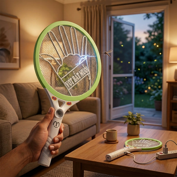 A person holding a Palm Mesh Core Electric Mosquito Swatter indoors, ready to swat flying insects.