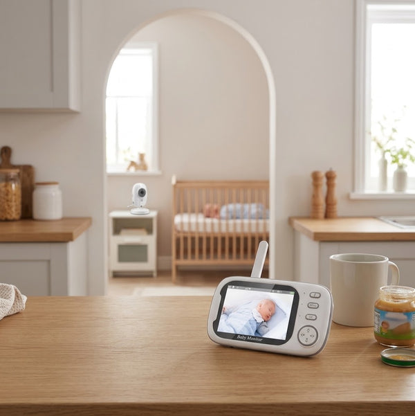 Wireless Video Baby Monitor with LCD Screen displaying a baby in a crib in a well-lit kitchen setting.