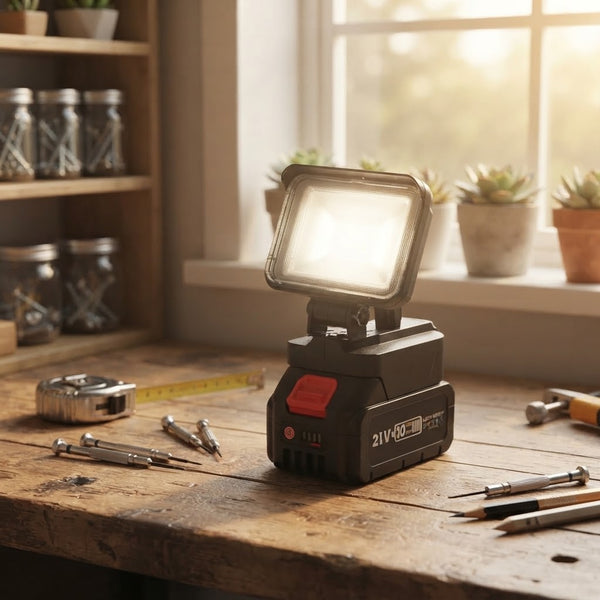 5-Inch Rechargeable LED Work Light placed on a workbench with tools, providing bright illumination for tasks.