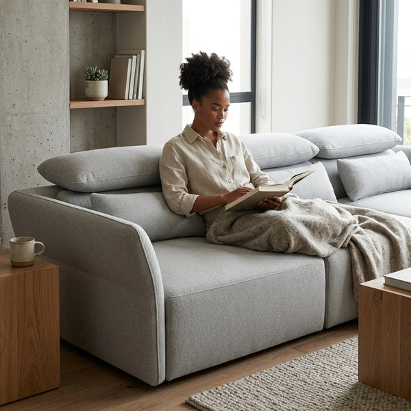 A woman reading on the SF-622B Modular Fabric Couch with adjustable headrests in a modern living room.